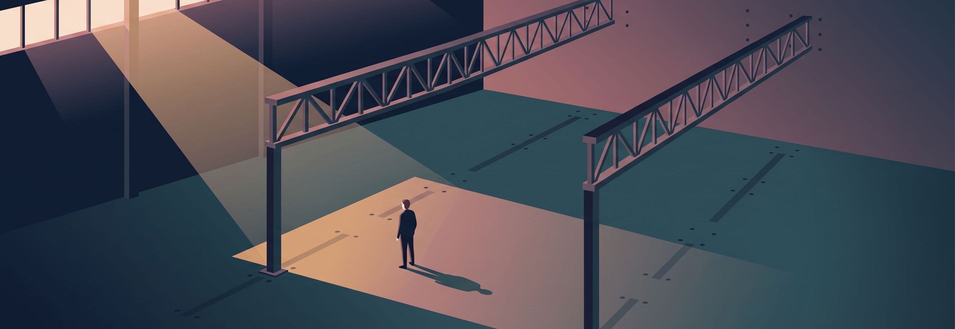Solitary figure in empty warehouse with one steel truss visible; floor and ceiling show empty anchor points where identical