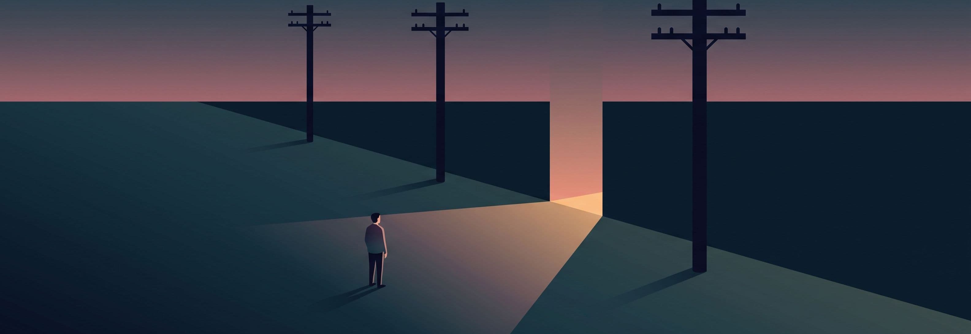 A figure stands before four telegraph poles at dusk. Three are dark. The space where the fourth should be glows with light.
