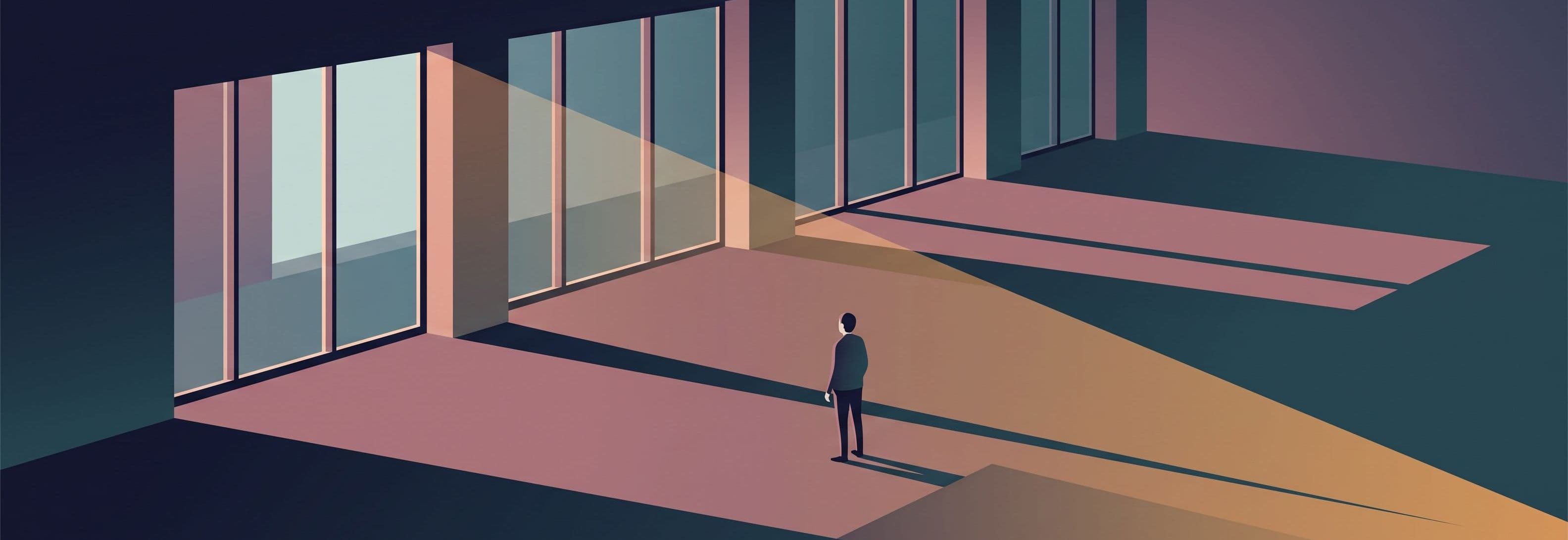 Empty office with four identical window bays. A shadow passes straight through a solid window frame as if the frame were not