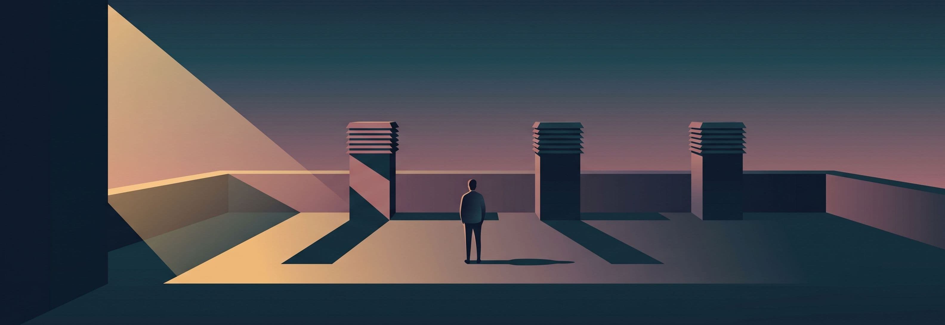 Person on rooftop at dusk facing three identical ventilation stacks. Two cast long shadows; one casts none.
