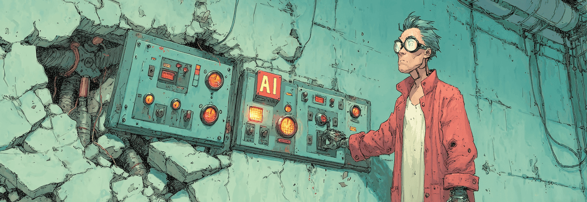 Figure at control panel with confident hand on lever; shadow points to empty room behind cracked wall, red warning light blin