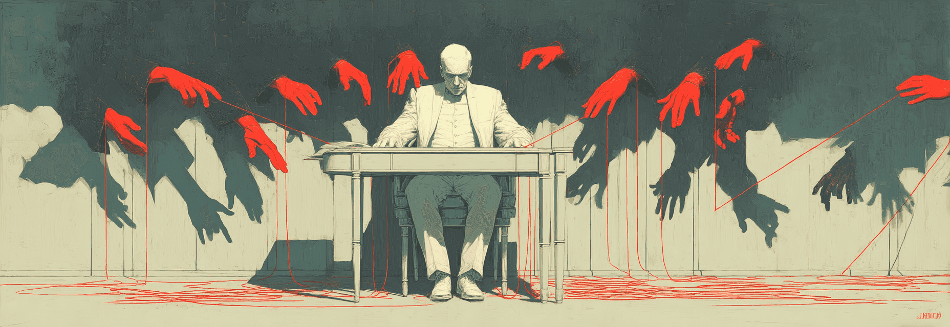 A figure at a desk labeled "Chief Data Officer" controlled by invisible strings held by shadowy hands from surrounding walls.