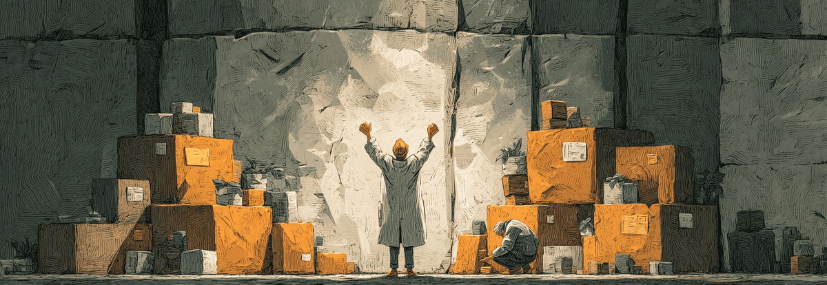 Figure celebrating wrapped gift while another quietly builds foundation blocks unseen behind.