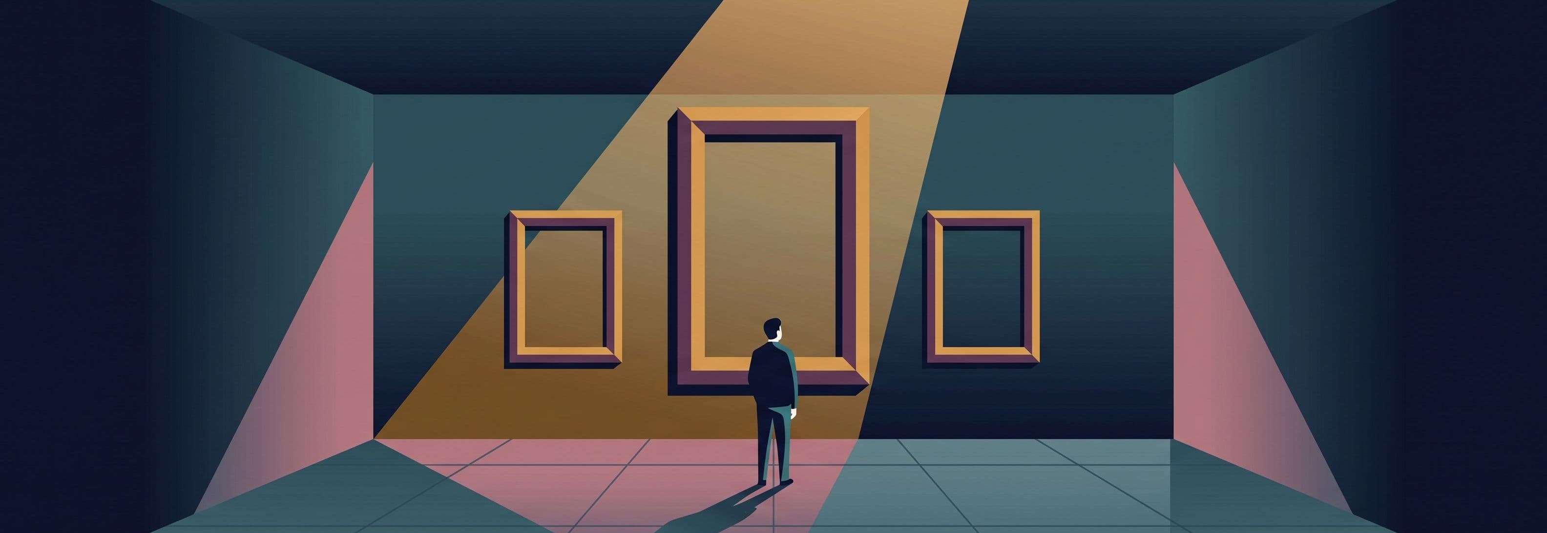 Solitary figure in an empty gallery facing three identical picture frames on a wall. The center frame is vastly oversized