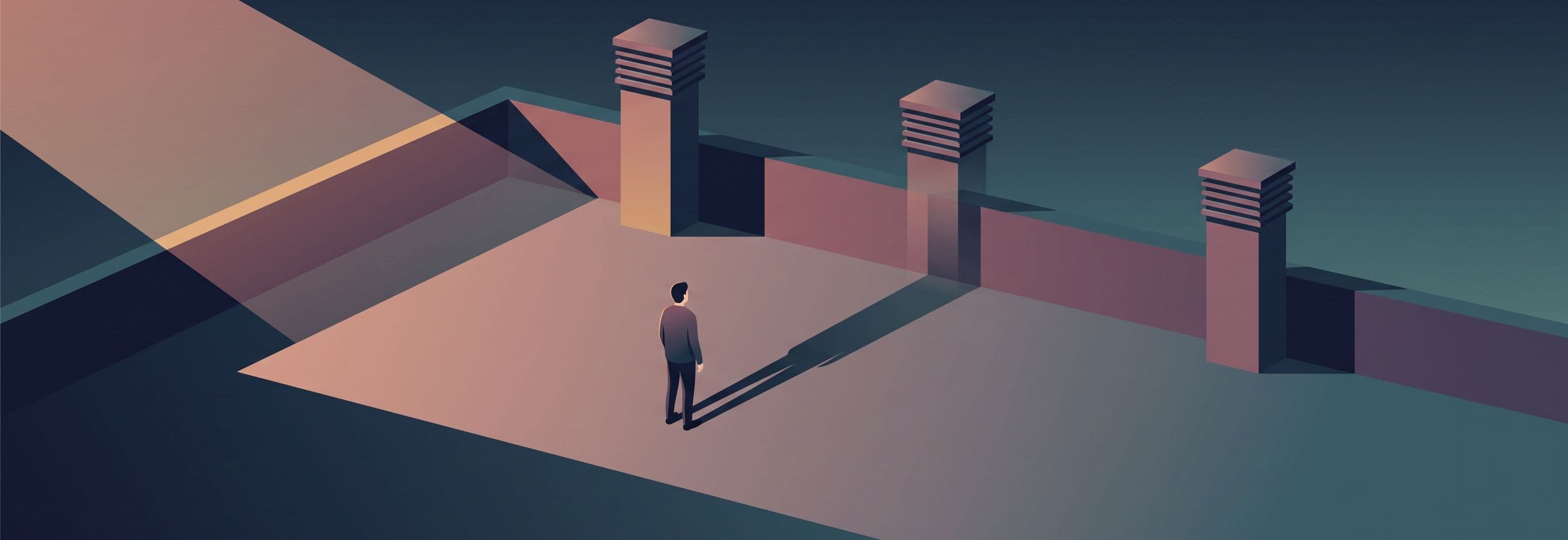 Lone figure on rooftop at dusk. Three identical ventilation stacks cast shadows. The middle stack's shadow passes through