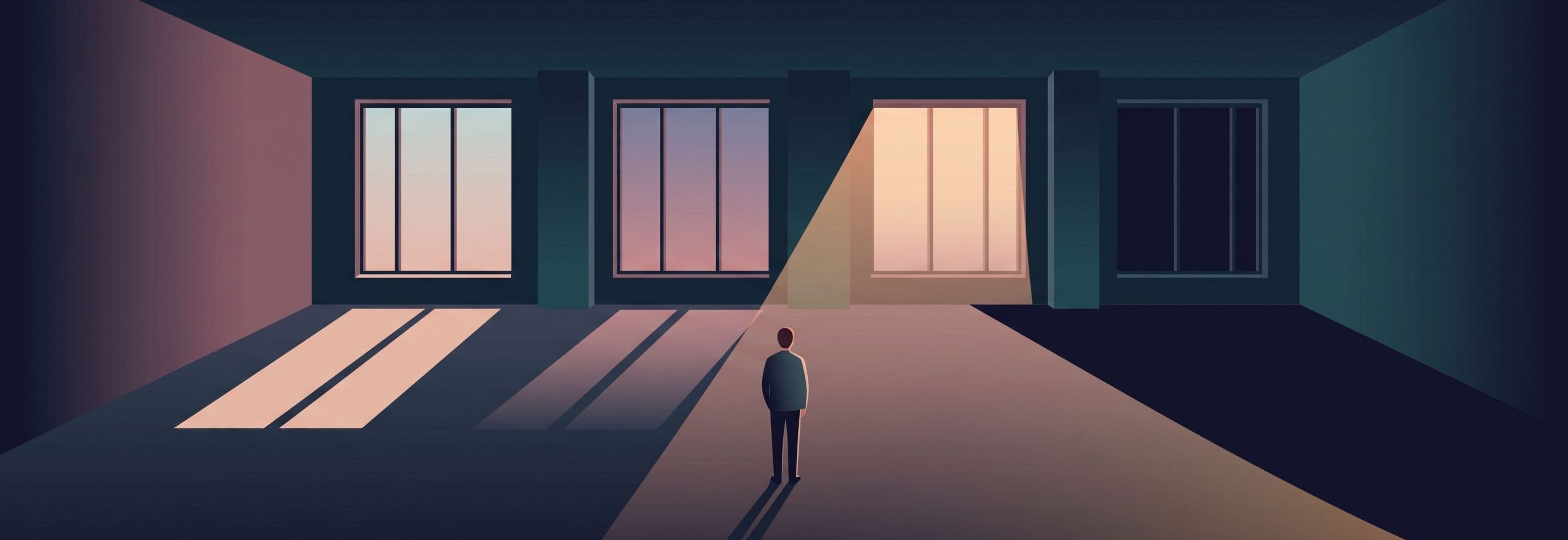 One figure in empty office faces four identical windows that each cast different light—sharp, angled, diffuse, and dark—as if