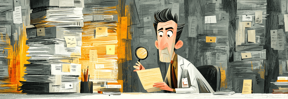 Figure examining a single sheet against an open filing cabinet full of tangled documents.