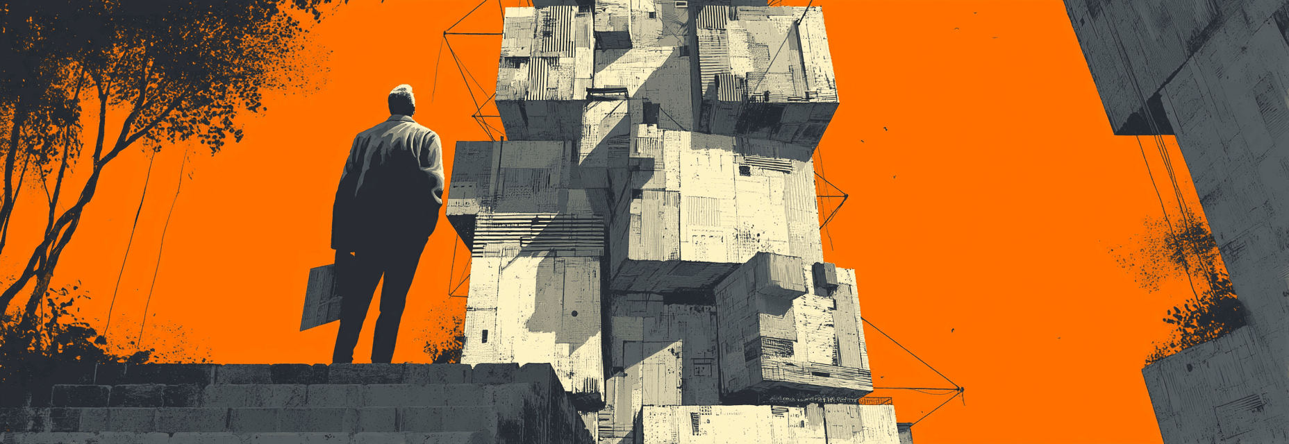 Figure holding orderly blueprint stands before misaligned, chaotic tower of stacked boxes—plan versus reality.