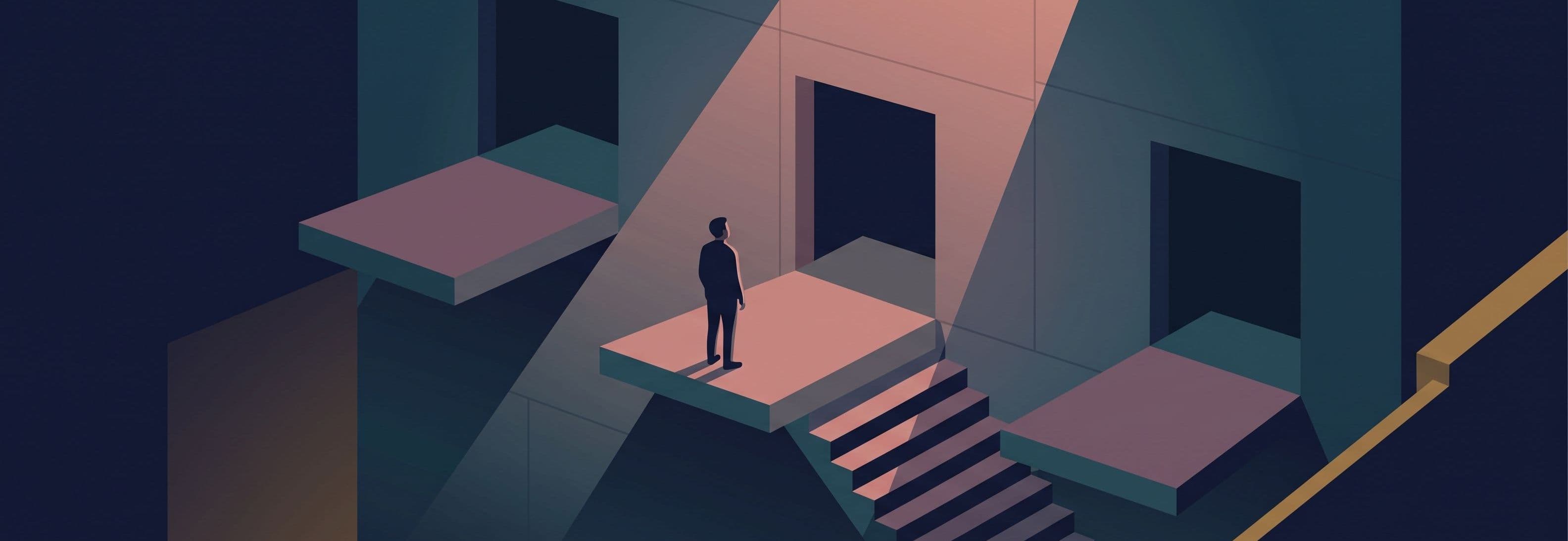 A lone figure on a concrete landing faces empty voids where two identical landings should be mounted on the wall above.