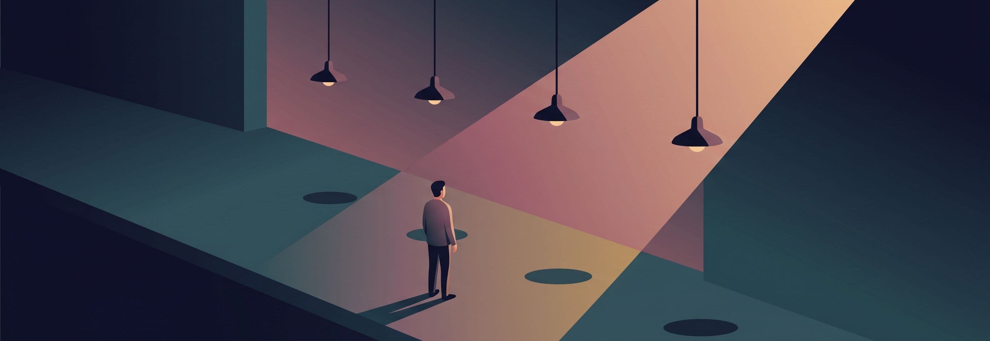 Lone figure in corridor beneath four floating ceiling lights. Each casts a shadow on the ground as if still attached, though