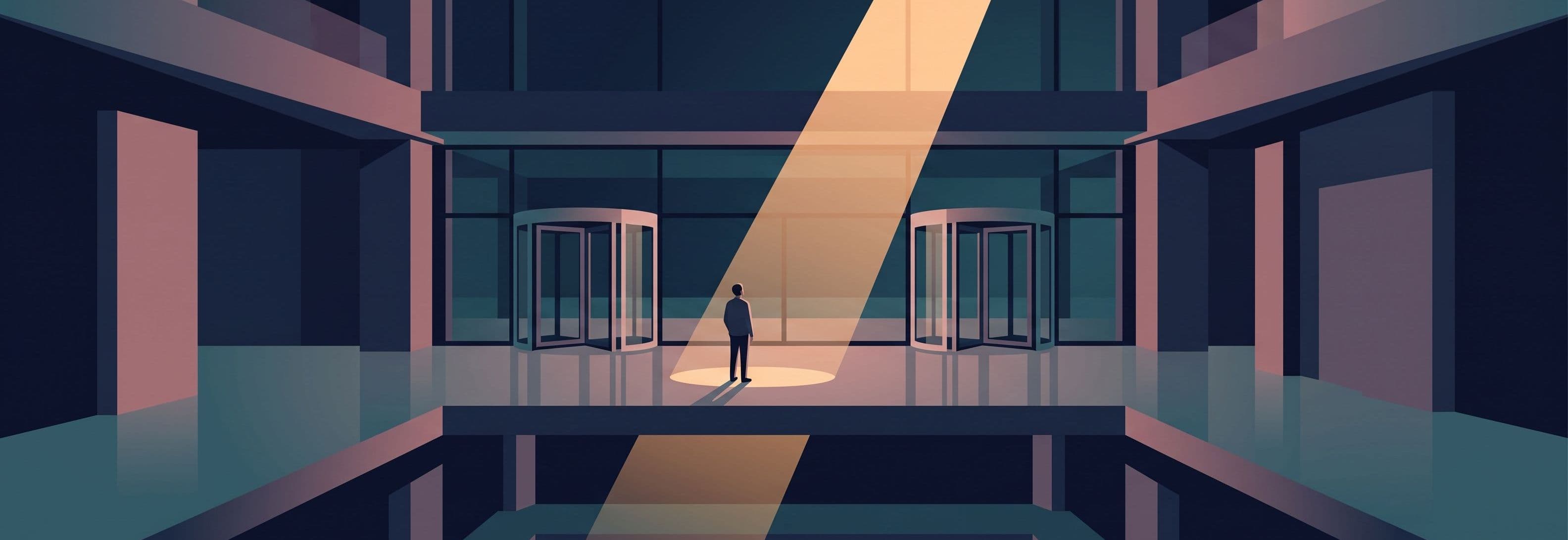 Figure in empty lobby between two identical revolving doors. Light beam passes straight through the solid floor without