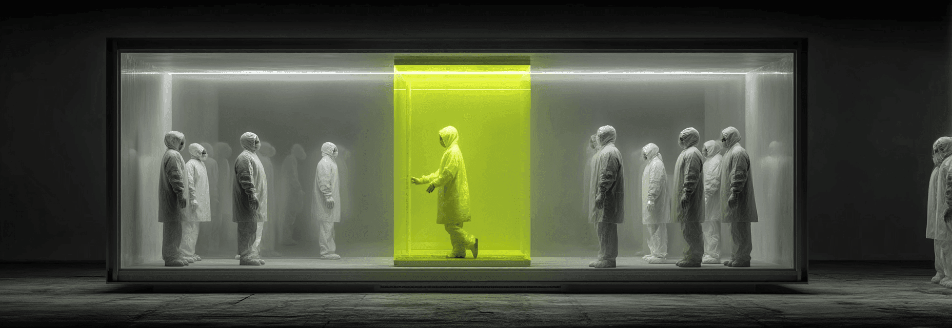 Team celebrates inside glass box while empty office stretches beyond, unable to break through.