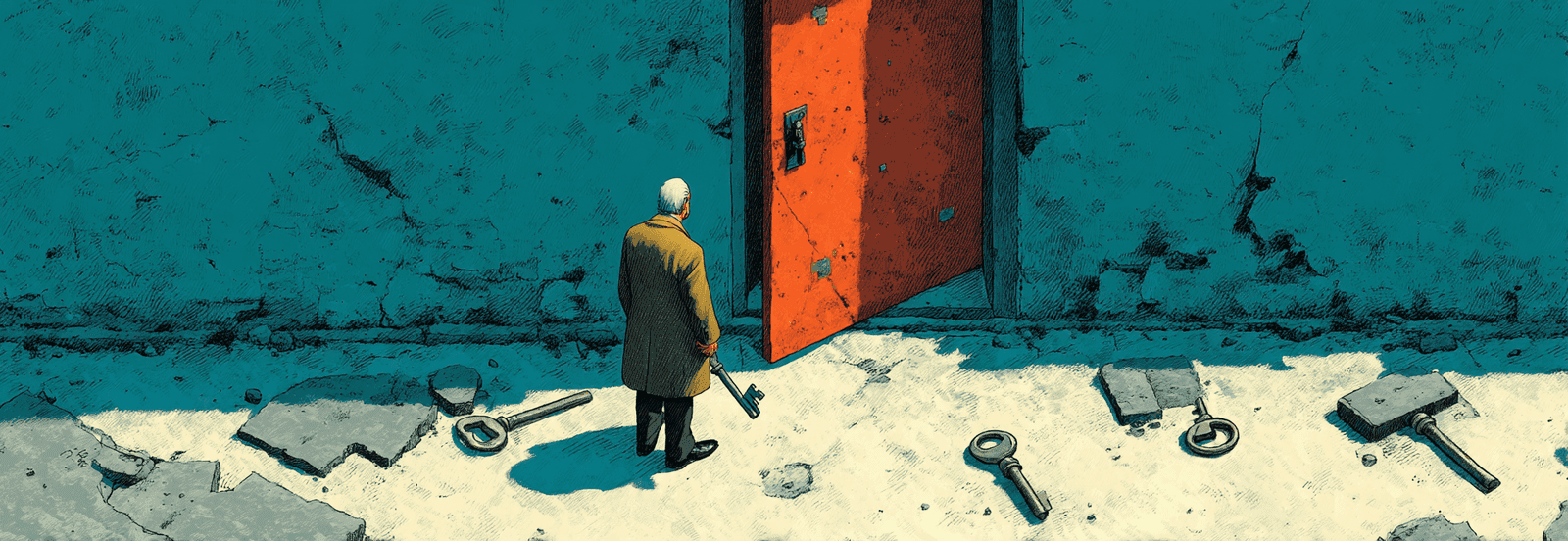Figure holding one key surrounded by broken keys before a featureless locked door.