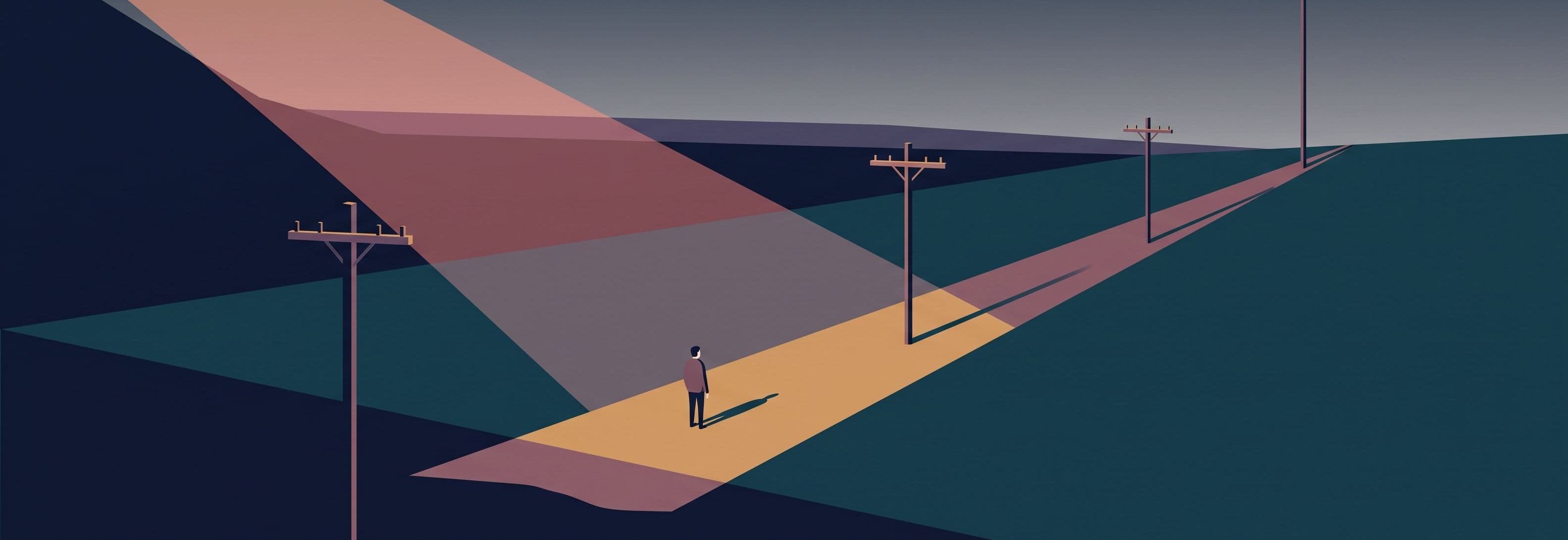A solitary figure faces four evenly-spaced telegraph poles across an empty field at dusk. The farthest pole towers impossibly
