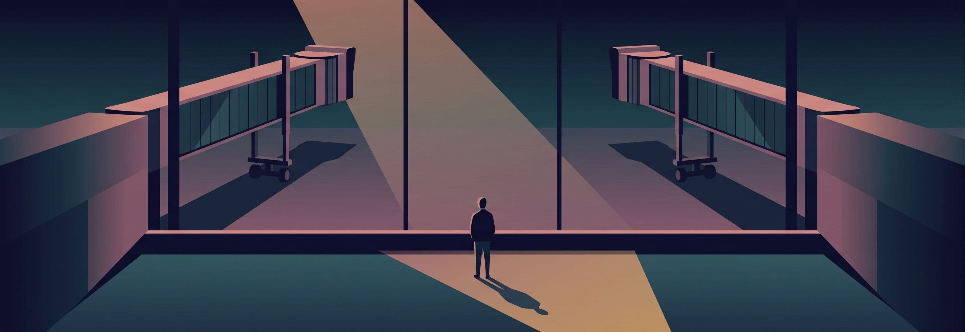 Figure in empty airport lounge at night faces glass wall. Two identical jet bridges hover above the ground while their