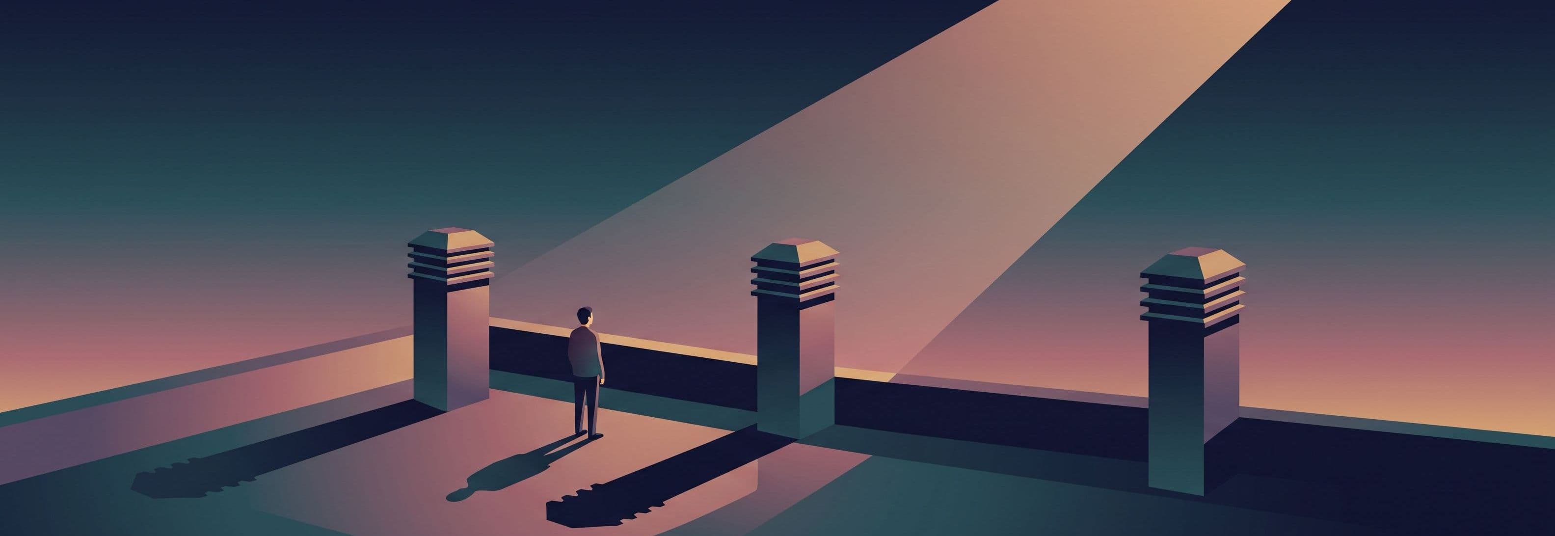 Three identical ventilation stacks on a rooftop cast three different shadows. A lone figure stands before them, facing away.