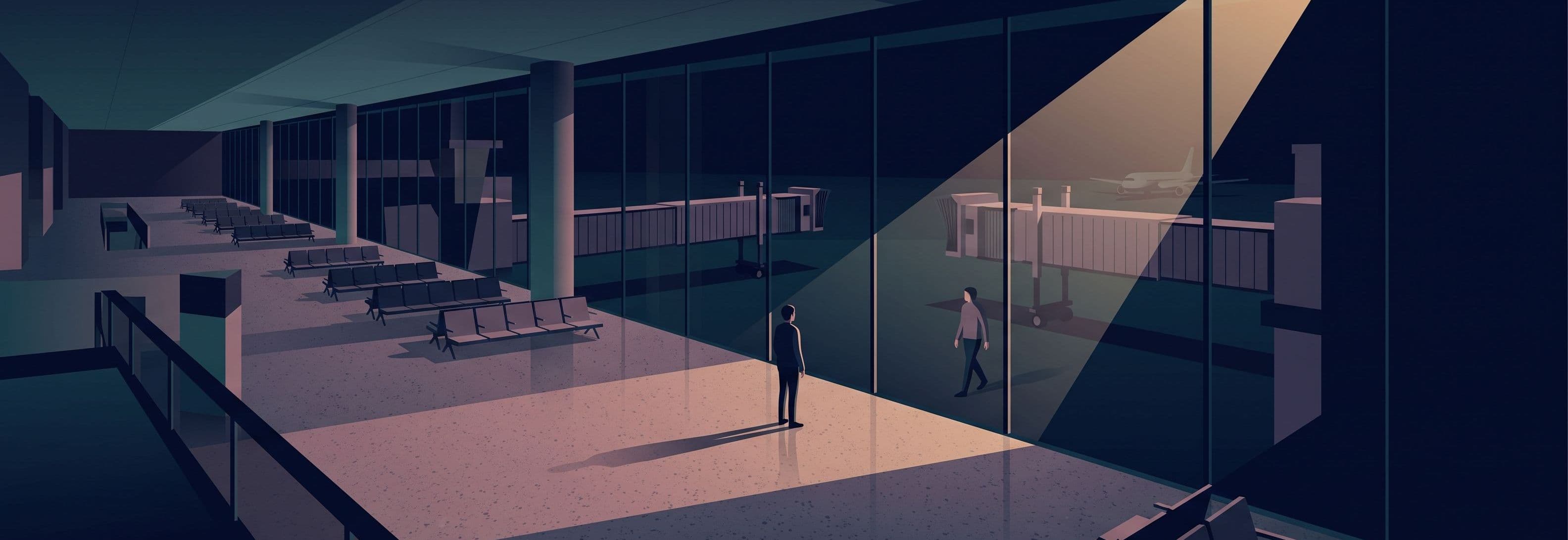 Lone silhouette in empty gate lounge at night. Two identical jet bridges visible through dark glass. Figure's reflection