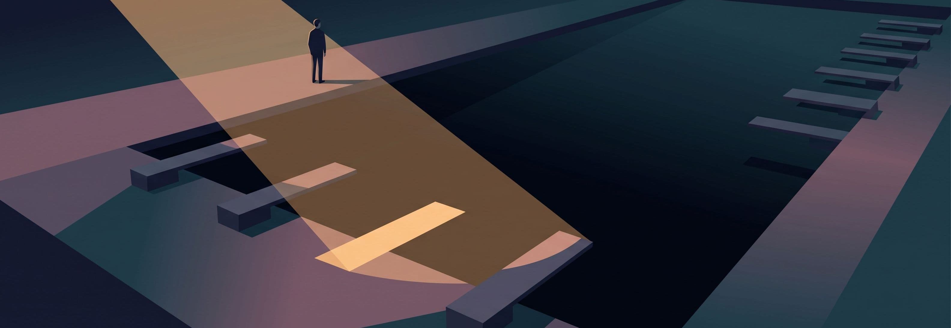 A lone figure faces a row of diving boards at night. One board is missing from the line. Light floods the empty gap; the