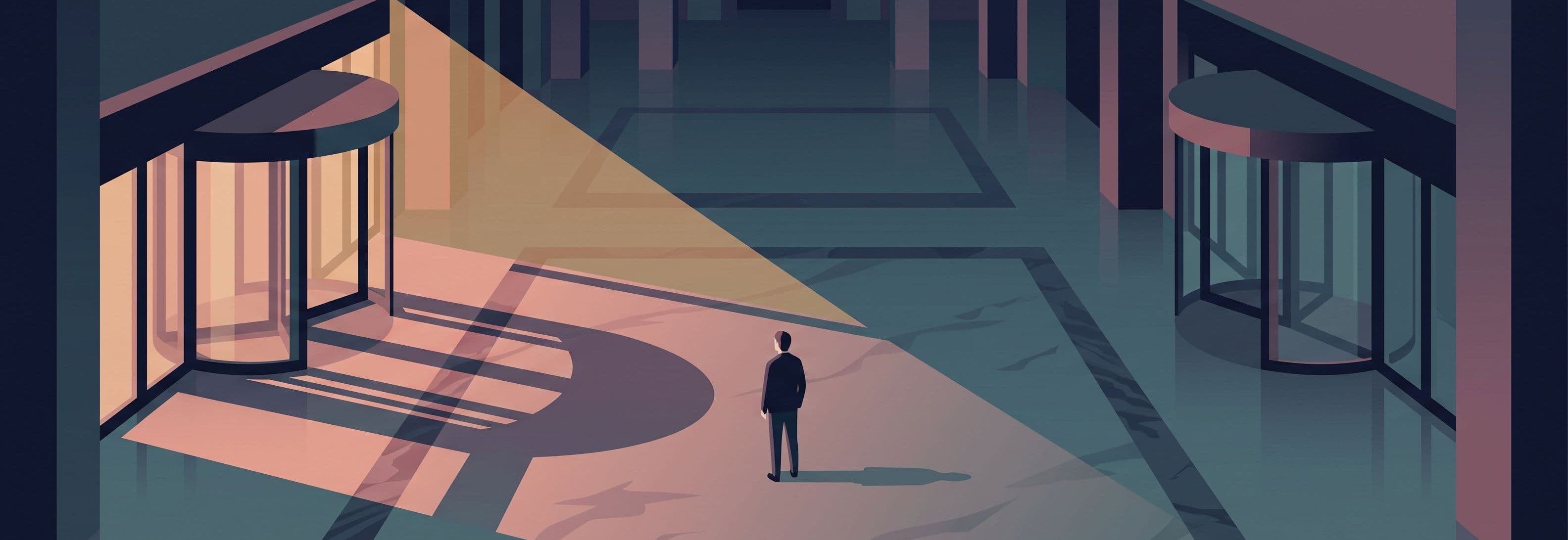 Empty hotel lobby at night. A figure stands between two identical revolving doors. One casts a sharp shadow. The other casts