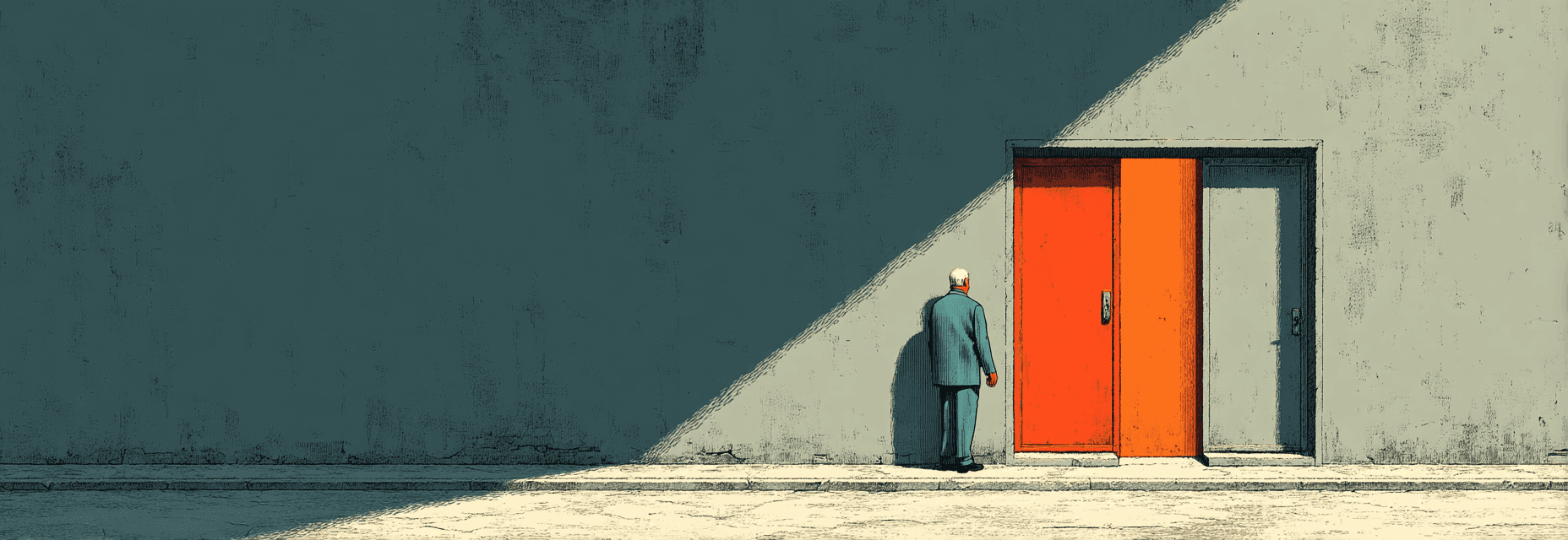 Figure drawn toward a partially open door revealing a glowing spreadsheet instead of the official workflow entrance.