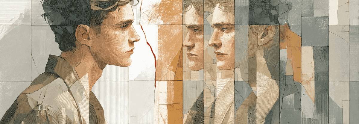 A figure gazes confidently at a mirror showing three fractured versions of itself, split by a red line.