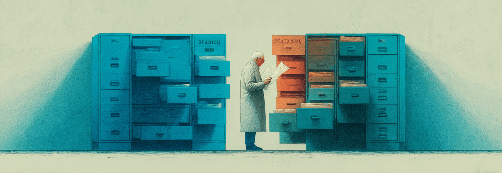 Two identical filing cabinets with conflicting documents inside, figure caught between them holding mismatched papers to the