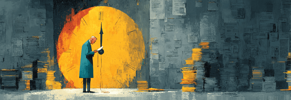 A figure stands before an enormous clock face frozen at 11:59, holding a single thread connected to a massive door