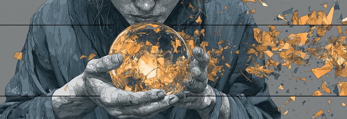 Figure holding pristine sphere that reflects fragmented, contradictory data inside.