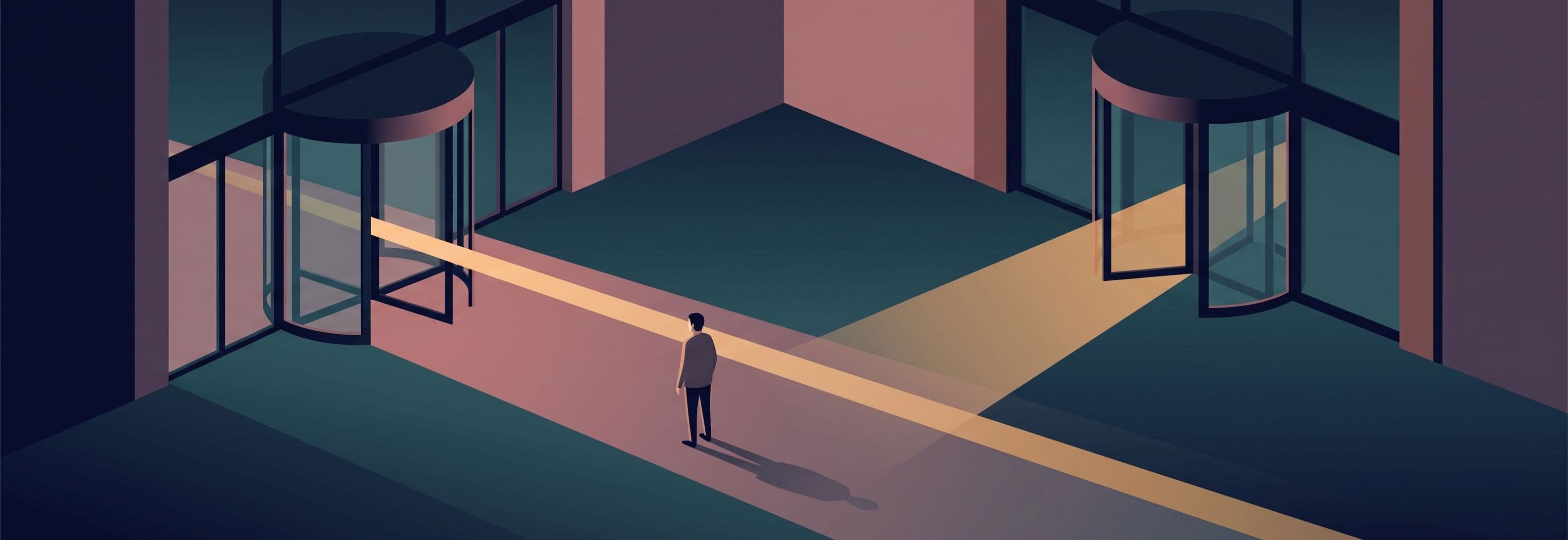 Lone figure in empty lobby. Two identical revolving doors. Light beam passes straight through both without bending or