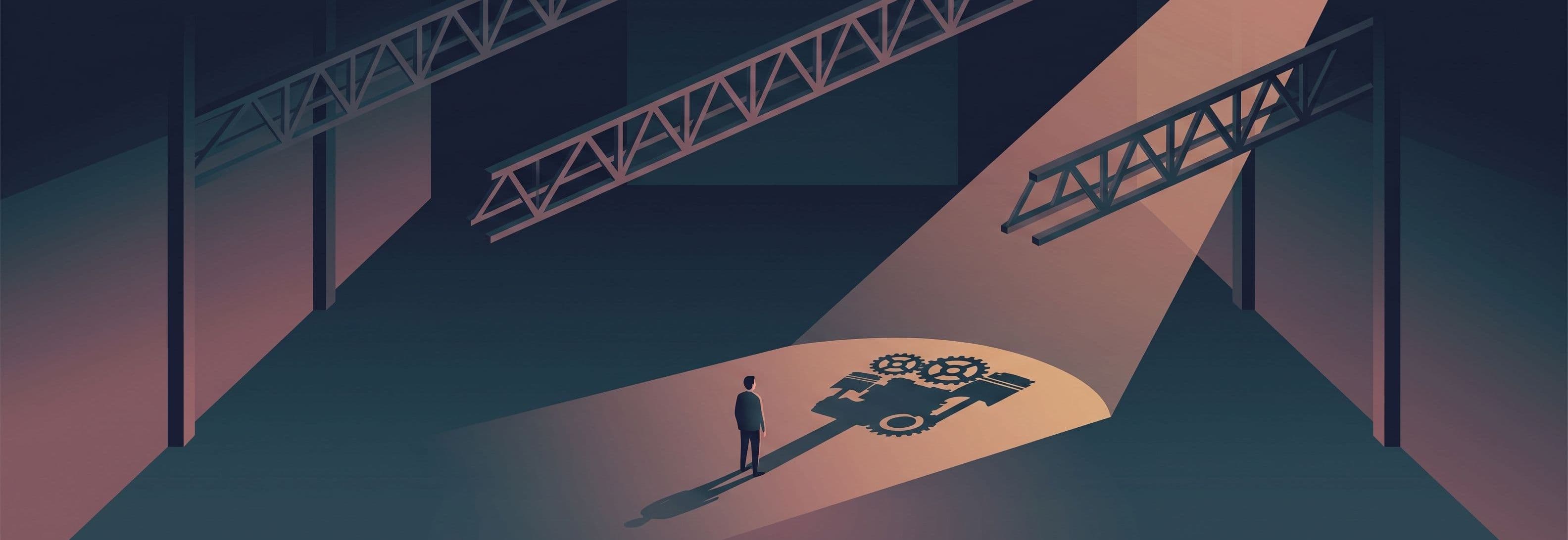 Lone figure in empty warehouse beneath two identical trusses. Their shadow on the concrete floor depicts machinery, not a